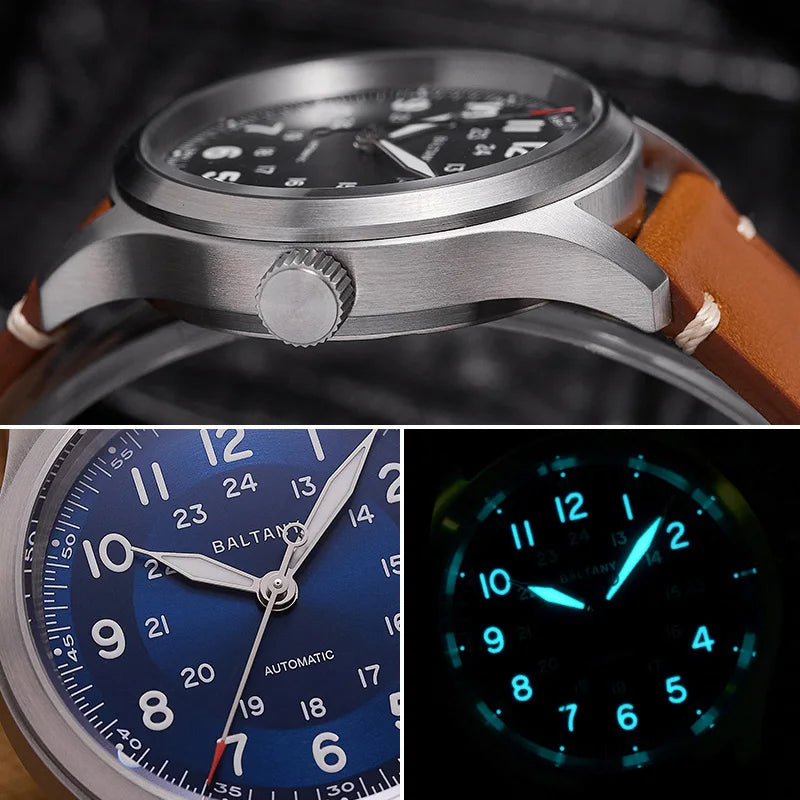 Baltany Military Field Watch S2049 Sapphire Calendar 24H Indicator Luxury Men's NH35 Auto Mechanical Homage Waterproof Watches