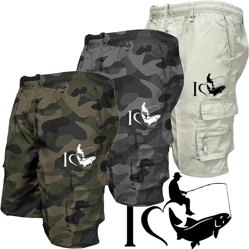 Trendy Mens Bib Shorts Casual Loose Shorts Funny I Love Fishing Printed Drawstring Pocket Shorts Summer Mens Shorts