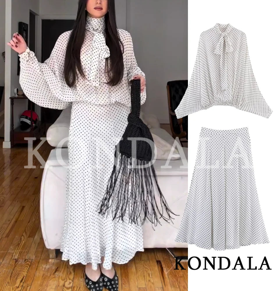 KONDALA Elegant Polka Dot Skirt Set Women's Summer Holidays Beach Casual Set Bow Collar Shirt, Midi Skirt 2026 Trendy Skirt Set