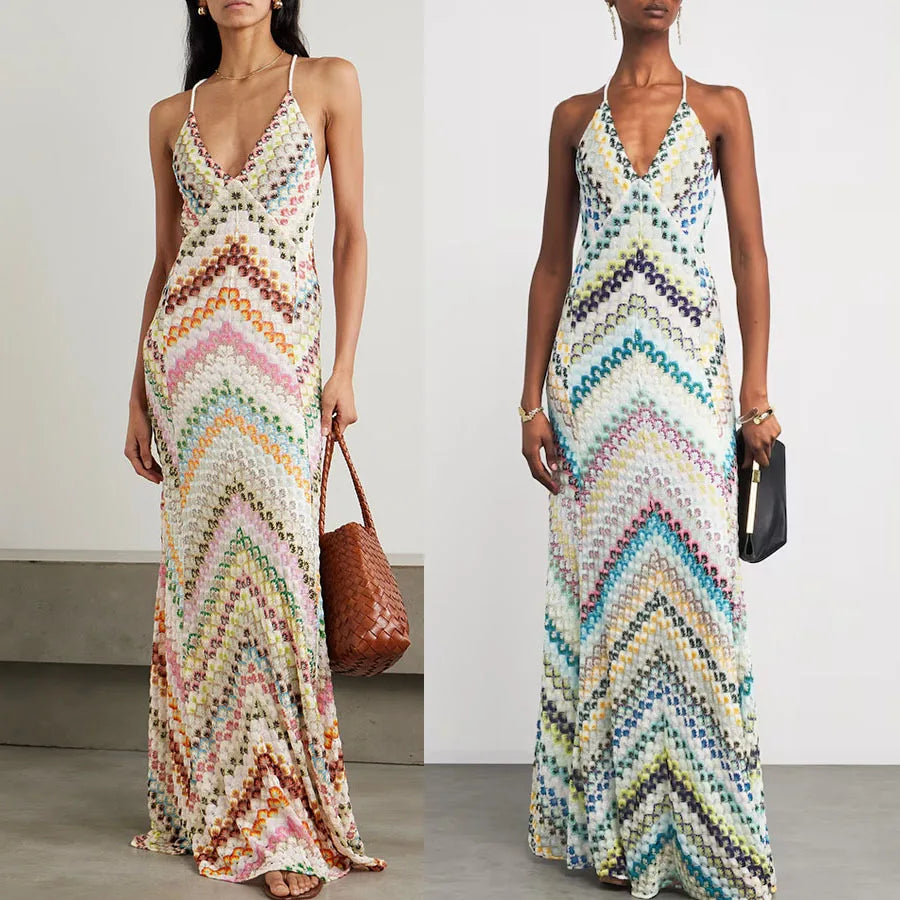 Spring Summer Female Boho Maxi Dresses Retro Sleeveless Women Holiday Long Skirt Sexy Deep V Neck Casual Party Dress Streetwear