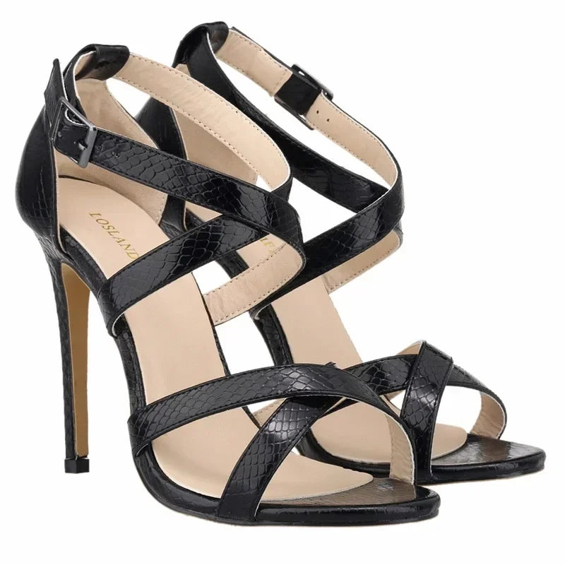 2026 New LOSLANDIFEN Women Sandals Summer Fashion Design Sexy 8CM Crocodile Leather High Heels Ladies Sandals Open Toe Shoes