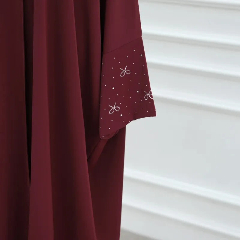 Luxury Dubai Abaya with Beaded Bow Modest Dress for Muslim Women Elegant Open Front Cover Cardigan Fashion Plain Turkey Outfit
