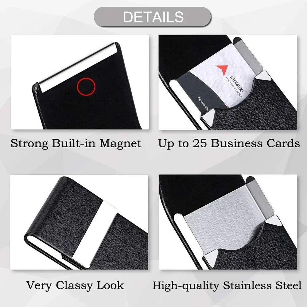 PU Leather & Metal Postcard Box Case with Magnetic Closure, Men's Business Card Holder - Pocket Card/Cigarette Organizer