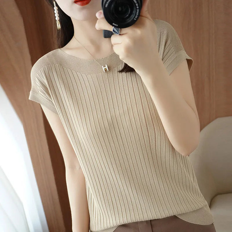 Spring Summer T-shirt Women Short Sleeves Slim Striped Innerwear Slash Neck Fashion Korean Loose Knitted T-shirt Sweater 2026
