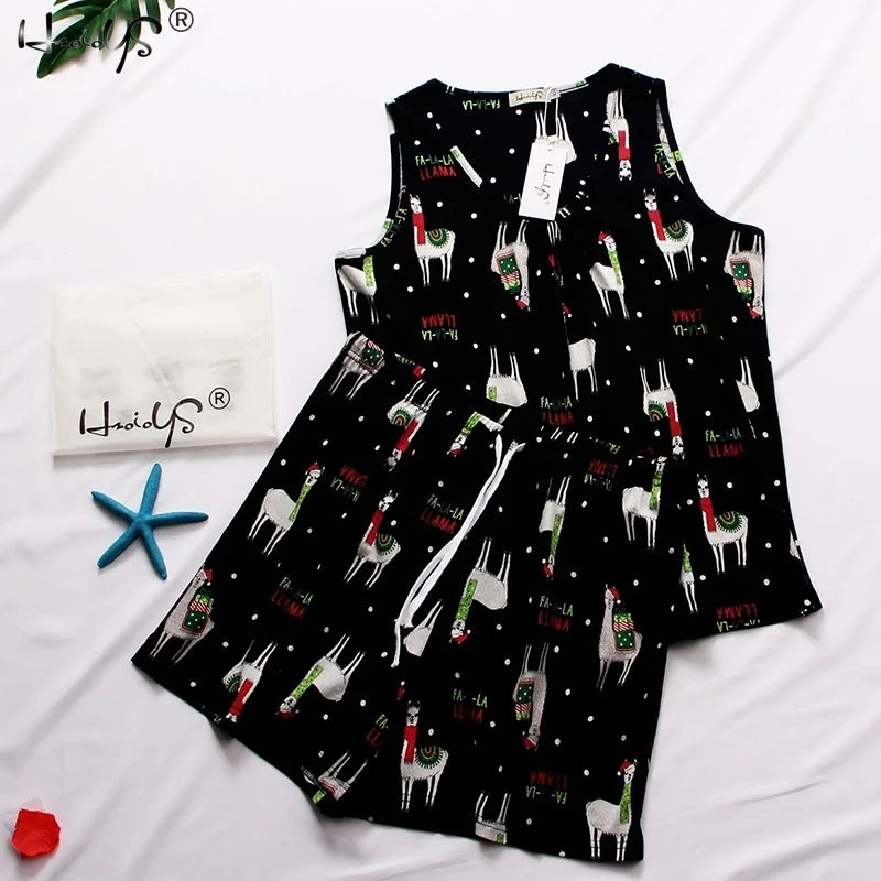 Hzioiys Summer Pajamas Sets Cotton Sleepwear Suit Women Casual Pajama Sets Cartoon Vest Shirt + Shorts Pajamas Suit Plus Size