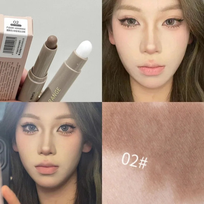 Double Head Contour Stick Bronzer with Brush Face Nose Shadow Cream Contour Pen Waterproof Lasting Contouring Makeup Cosmetics
