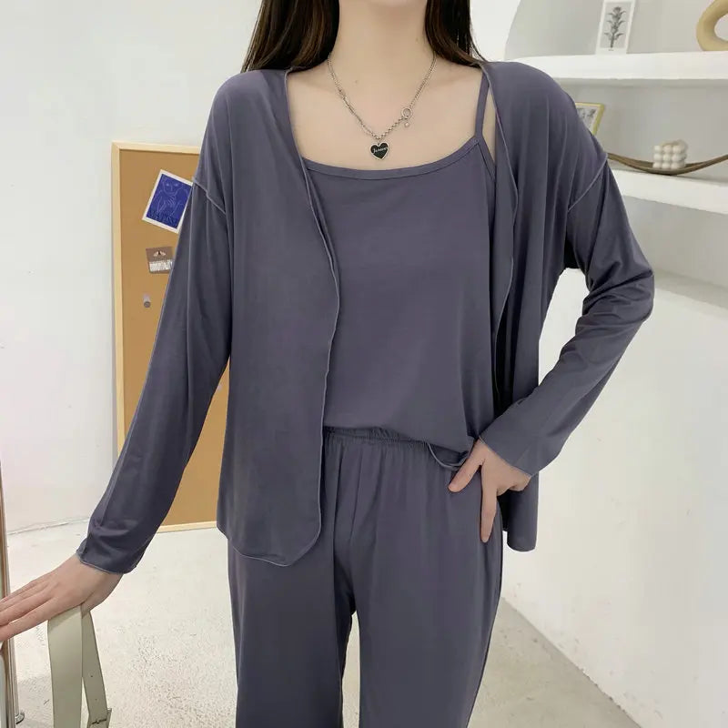 Fdfklak New Arrivals 3PCS Sleepwear Pajamas Set Lingerie Pyjamas Spring Summer Modal Soft And Comfortable Homewear