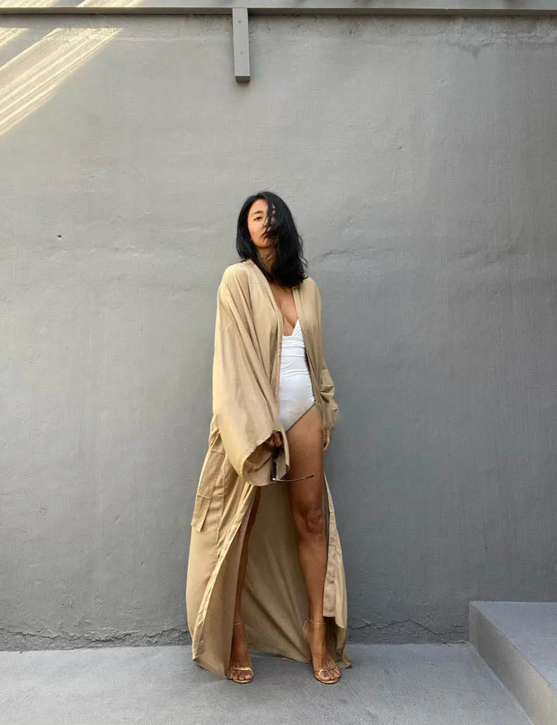 Solid Beach Cover Up Women Self Belted Wrap Kimono Dress Swimsuit 2025 New Robe Summer Beachwear Factory Supply
