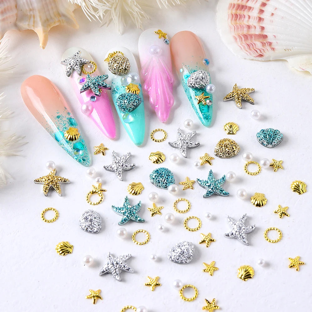 Ocean Style Seashell Starfish Nails Accessories Starfish Conch Metal Rivets Nail Charms Summer DIY Nail Art Supplies Decorations