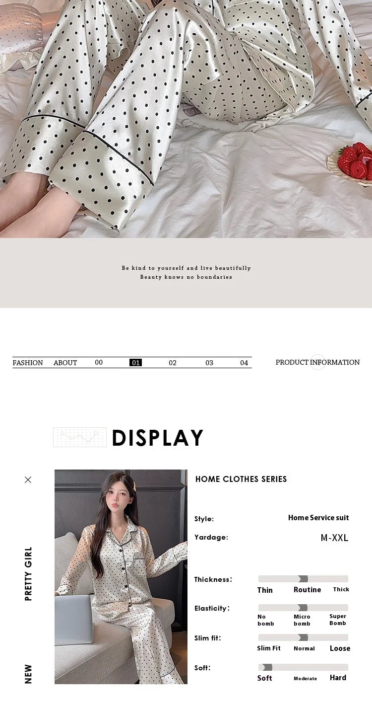Spring and Autumn Summer Black Polka Dot Ice Silk Pajamas Women's New Long Sleeve Long Pants Net Red Simple Casual Homewear Set