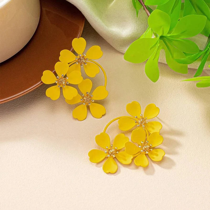 Obega Women Neon Pink Color Flowers Earring Stud Yellow Paiting Color Flower Sweet Summer Holiday Post Earrings Trendy Elegant