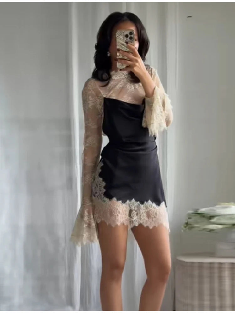 Elegant Fashionable Short Dress Lace Stitching Trendy Stylish Party Dresses Modest Dignified Sweet France Romantic Women Outfit