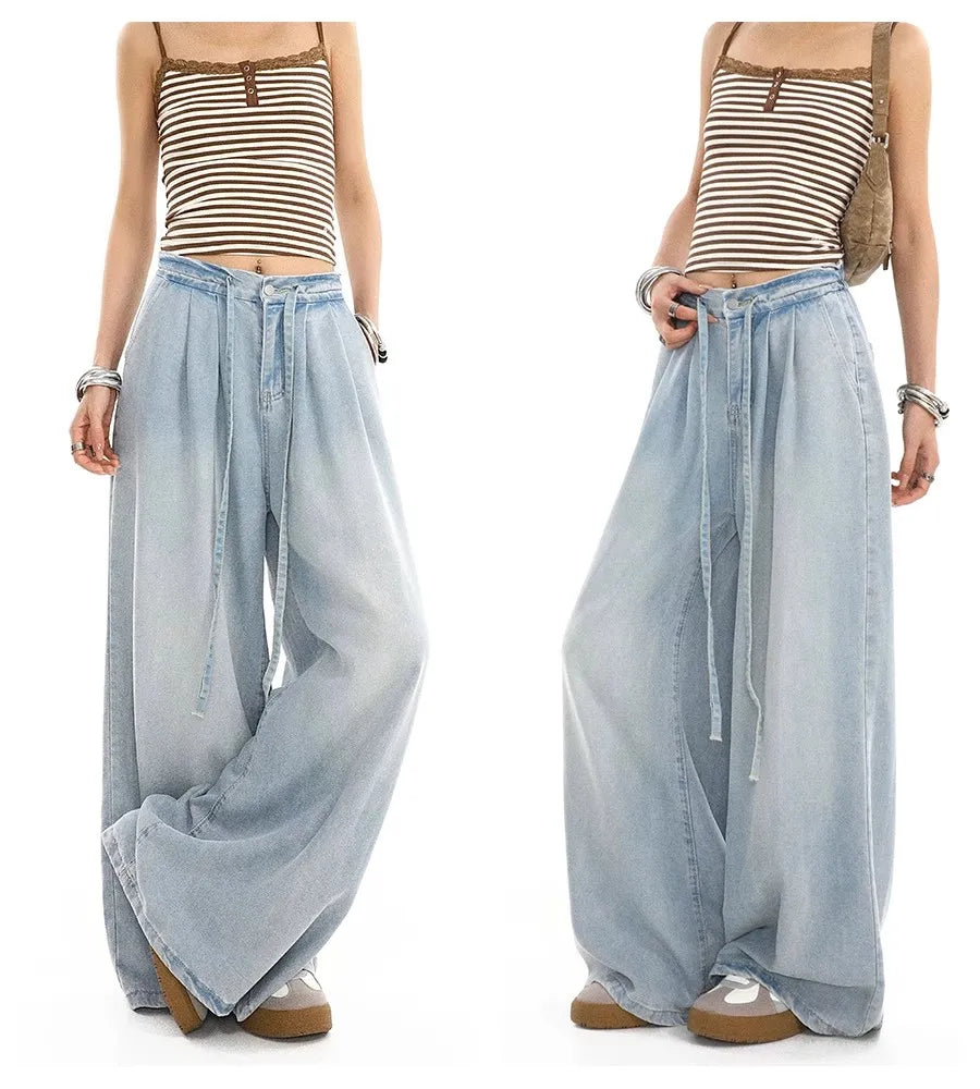2025 Summer New Drape Wide Leg Jeans Elastic Versatile Ins Trendy Versatile Trousers Harajuku Jeans for Women Denim Pants