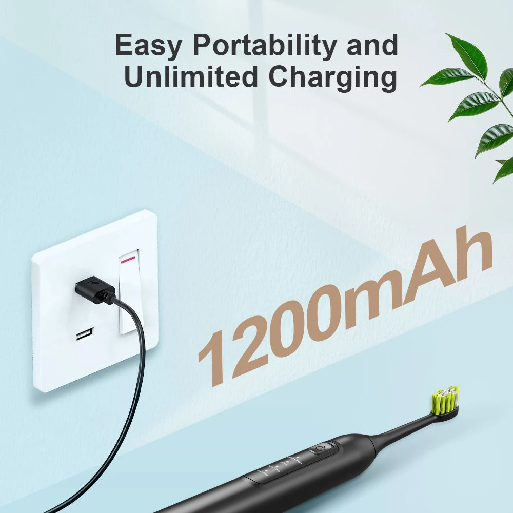 Electric sonic toothbrush with 6 toothbrush heads, USB rechargeable waterproof electric toothbrush, portable for travel