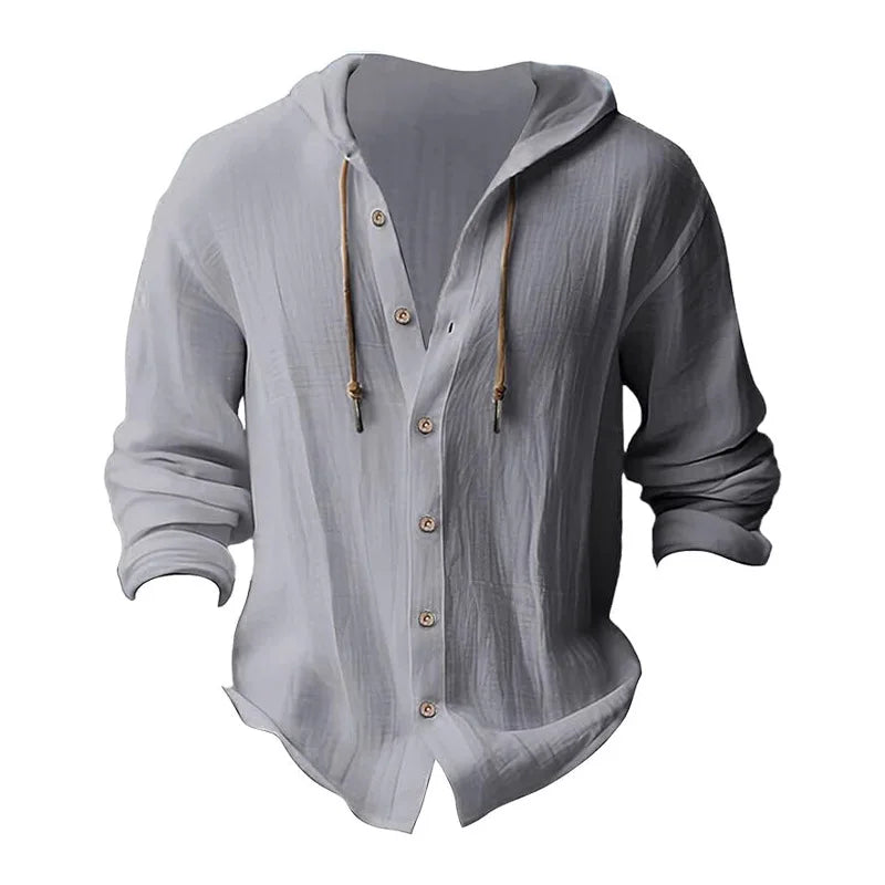 Men's solid color casual shirt, hooded drawstring cotton and linen cardigan, trendy and versatile loose beach T-shirt