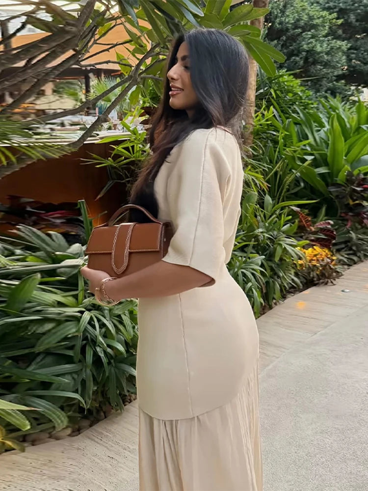 Elegant Women Patchwork Long Dress Short Sleeve O Neck Button A-Line Dresses Spring Summer Vintage Beach Vacation Casual Robes