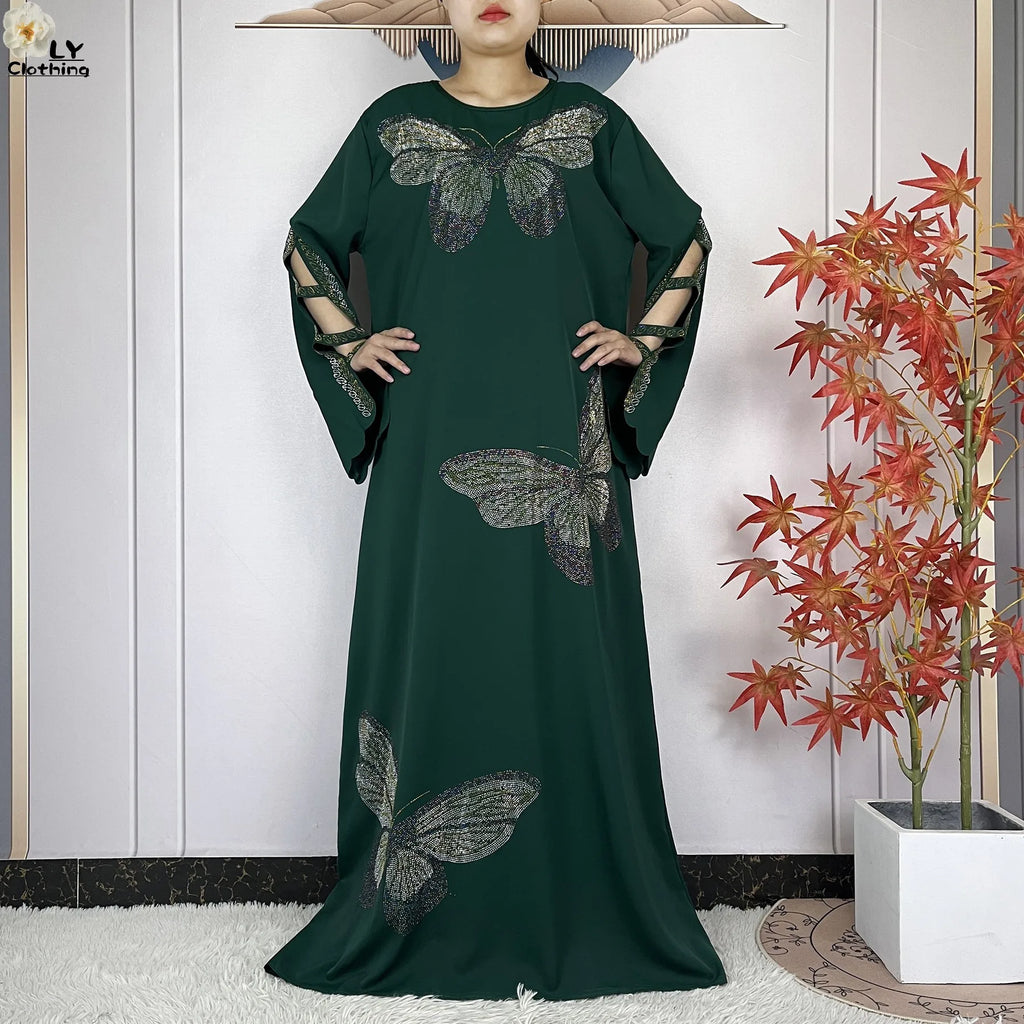 2025New Dubai Muslim Women Elegant Dress African Abaya Loose Butterfly Pattern Diamond Islamic Long Sleeve Turkey Femme Clothing