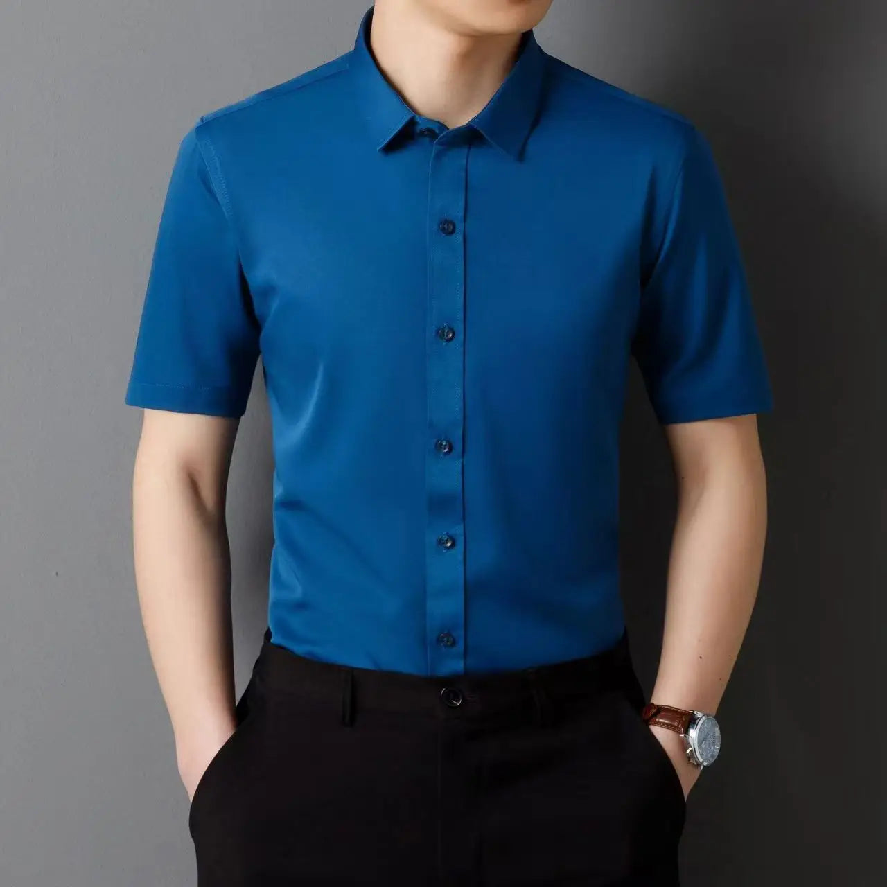 Men's Short Sleeve Shirts Summer Solid Color Polyester Turn Down Color Standard Fit Fashion Elegant Business Smart Dress Shirts