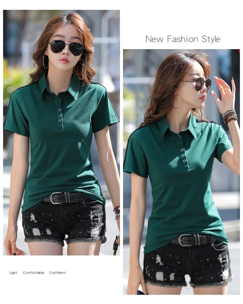 New Women Polo Shirt Summer Fashion Patchwork Button Turn-down Collar Short Sleeve Slim T-shirt Casual Basic Cotton Tees Tops