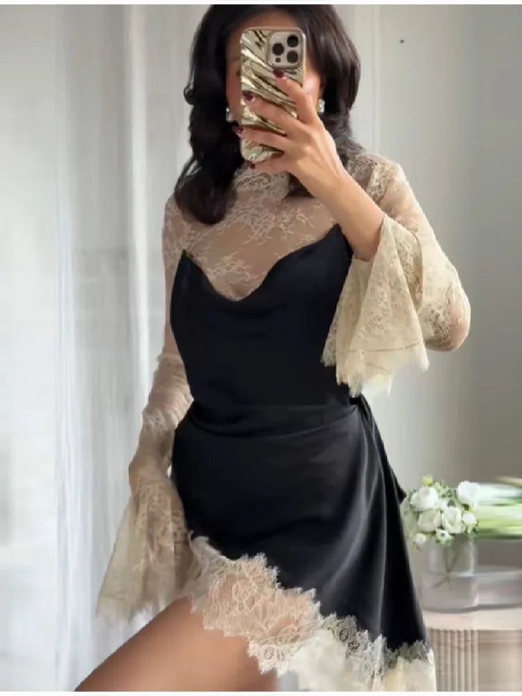 Elegant Fashionable Short Dress Lace Stitching Trendy Stylish Party Dresses Modest Dignified Sweet France Romantic Women Outfit