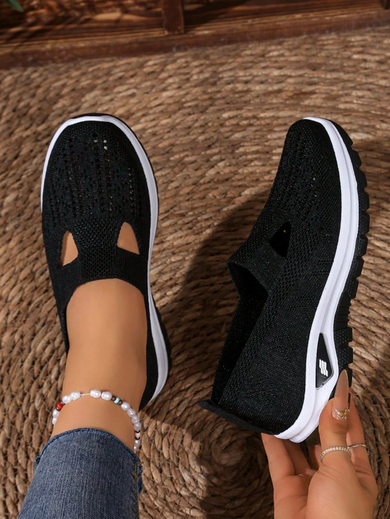 Women's Casual Mesh Sneakers – Cut-Out T-Strap & Cushioned Wedge Sole