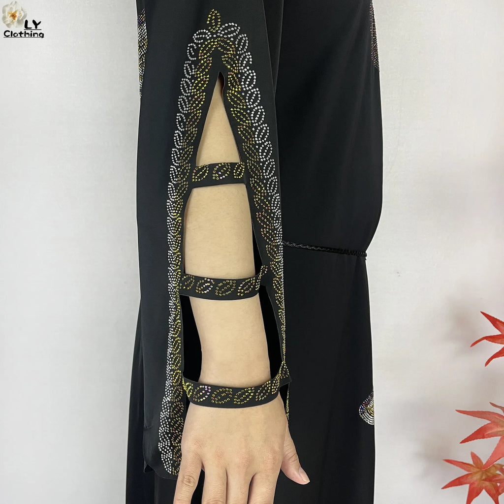 2025New Dubai Muslim Women Elegant Dress African Abaya Loose Butterfly Pattern Diamond Islamic Long Sleeve Turkey Femme Clothing