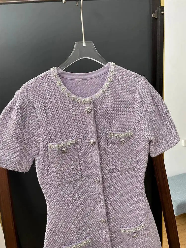 Luxury Crystal Knitted Dresses Women's 2026 Summer Holiday Single Breasted Pearl Sequins Flower Pencil Evening Party Vestidos