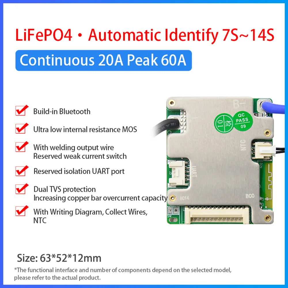 JiaBaiDa Automized Identify 7s-14s 7S 8S 9S 10S 11S 12S 13S 14S 20A 30A 40A 50A LFP NMC Smart BMS 24V 36V 48V