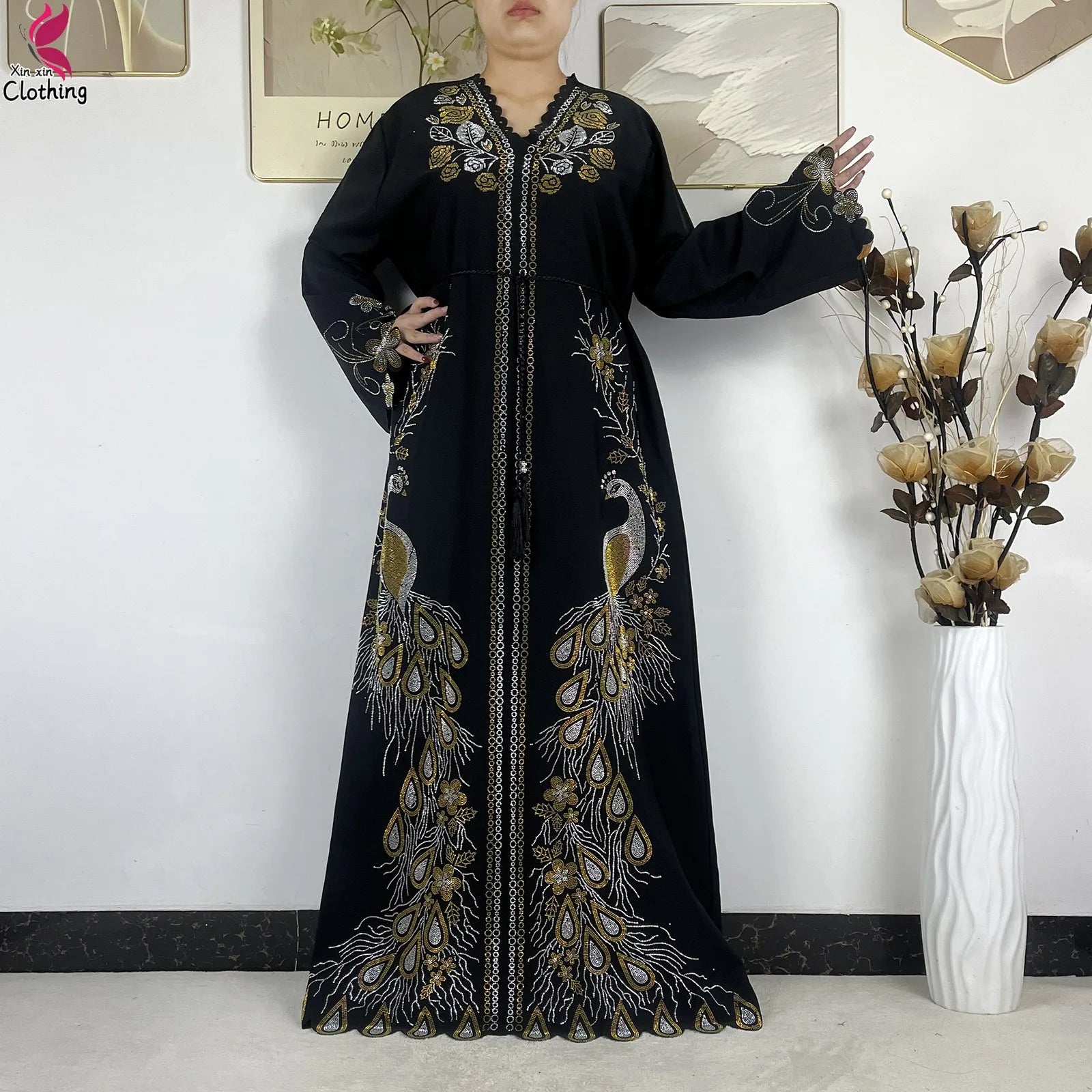 2026New Dubai Muslim Women Modest Dress Diamond Chiffon Elegant Arabic Femme Hijab African Abaya Islamic Long Sleeve Turkey Robe