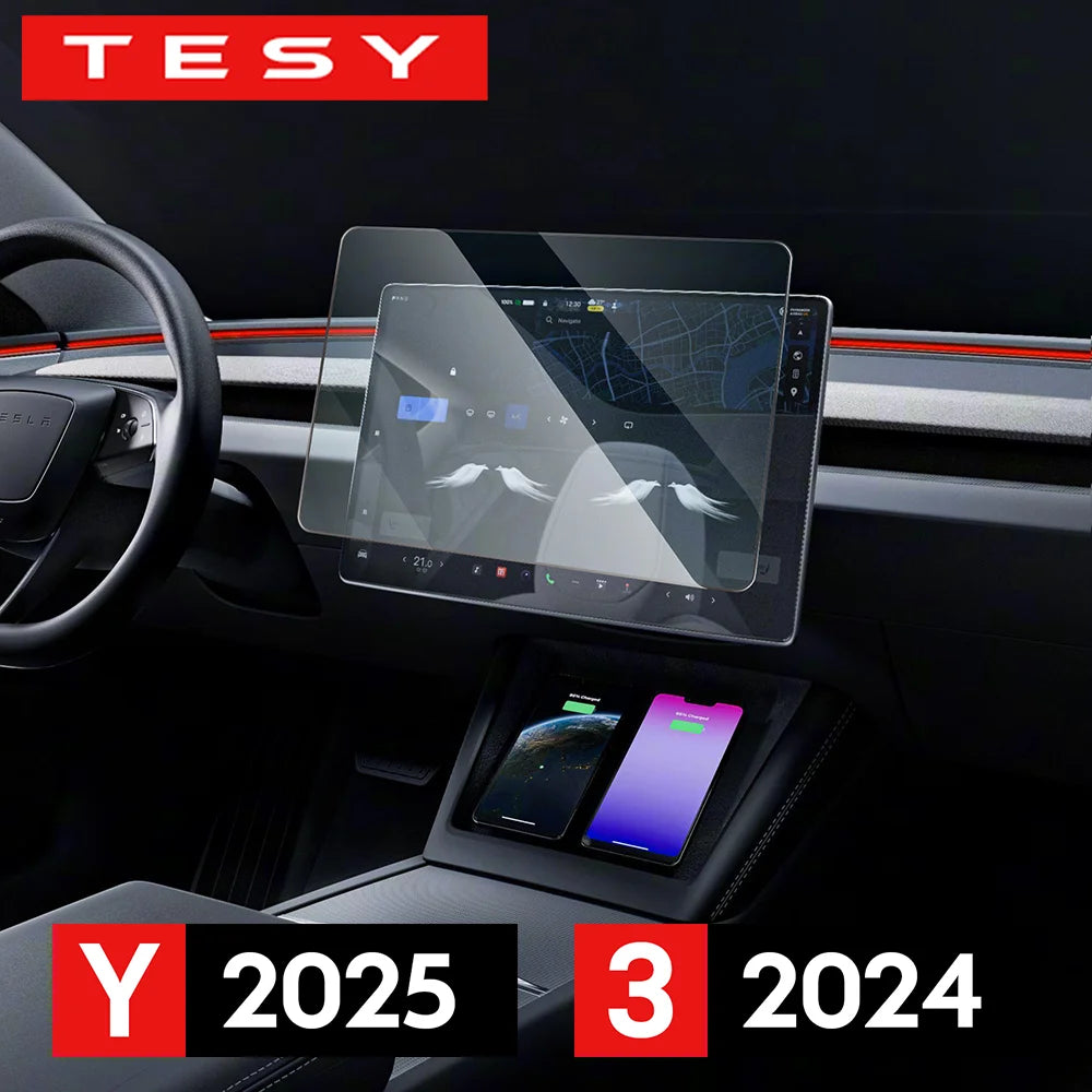 For Tesla New Model Y Juniper 2025 Launch Model 3 Highland 2024 Tempered Glass Screen Protecor Full Covered Soft Black Frame