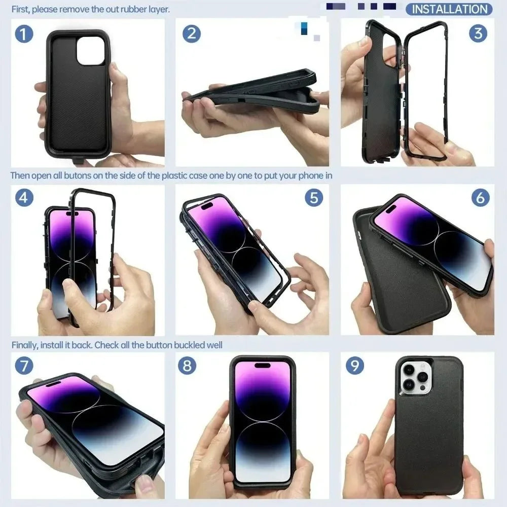 Rugged Ott Armor Shockproof Defender Phone Case for Iphone 17 16 15 14 13 12 11 Pro Max 16E Hard Drop Proof Back Cover Funda