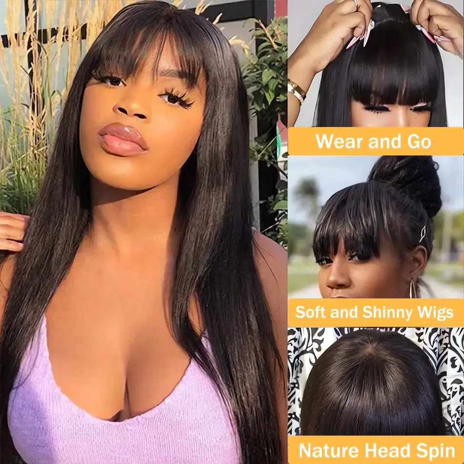 Black Bone Straight Human Hair Wig With Bangs 30 Inch Brazilian 3x1 Lace Wigs Glueless Wig Human Hair Natural Colored For Women
