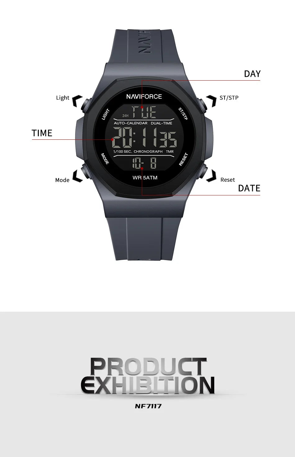 NAVIFORCE Creative Multifunction Male Wristwatches Silicone Strap LCD Display Electronic Watches for man Casual Wild Male Clocks