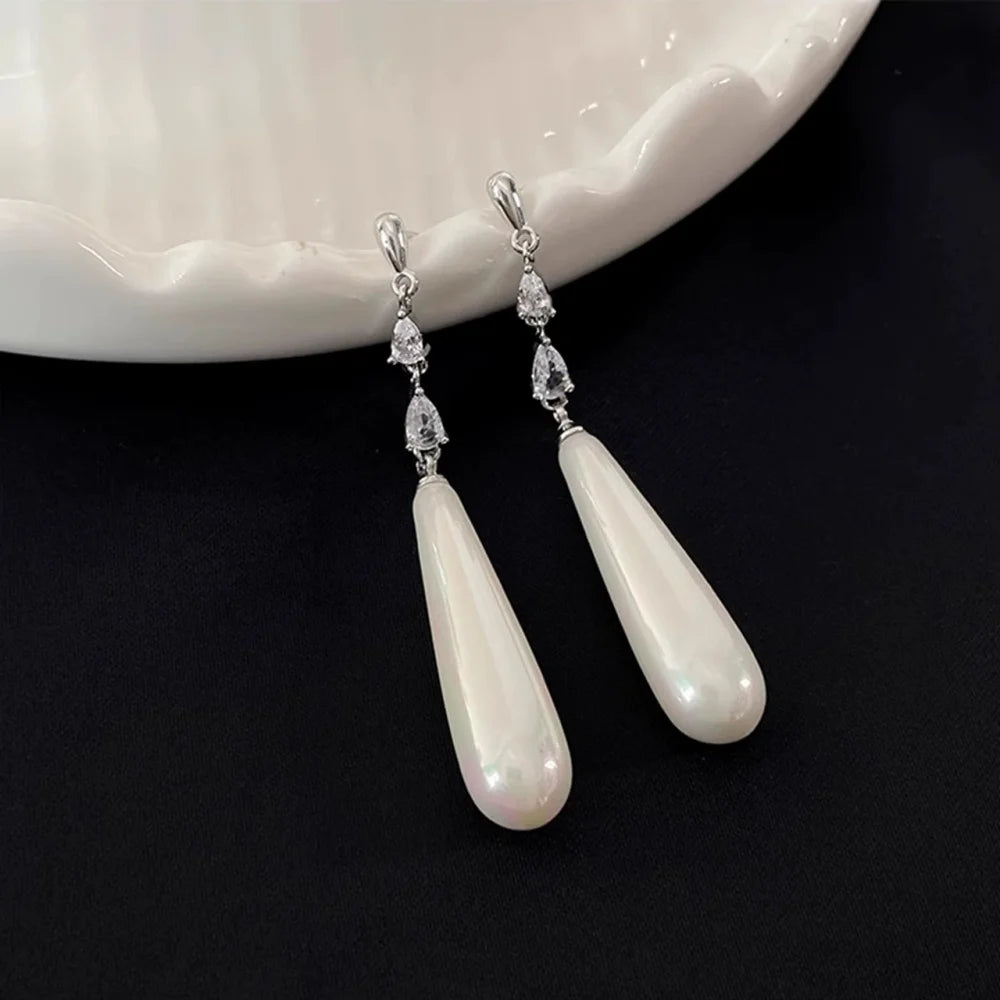 Geometric Zircon Simulated-pearl Water Drop Pendant Women's Earrings Classic Trendy Style Versatile Chinese Style Jewelry Gift