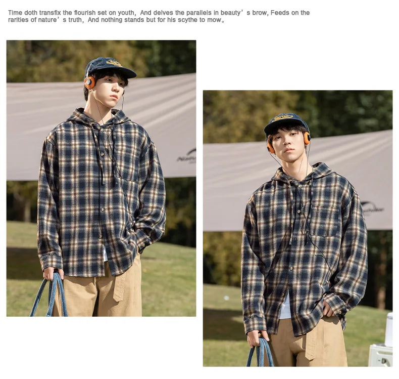 TFETTERS Brand Hooded Shirts Mens Plaid Spring Summer 2025 New Vintage Shirts Male Long Sleeve Fashion Streetwear Mans Coat