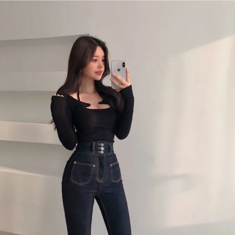 3XL Sets Women Slim Halter Camisoles Long Sleeve Tops 2 Pieces Korean Style Sexy Trendy Y2k Cropped  Spring Female Clothing