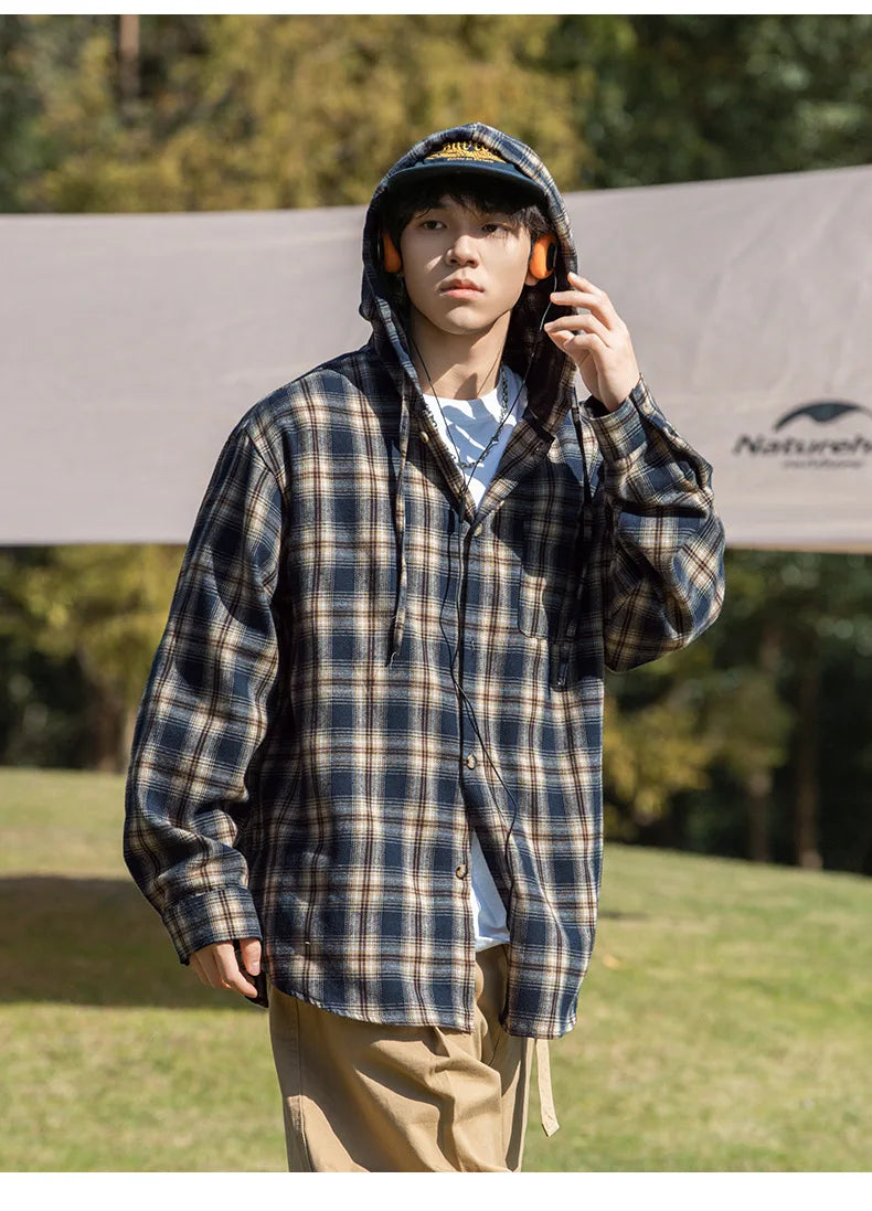 TFETTERS Brand Hooded Shirts Mens Plaid Spring Summer 2025 New Vintage Shirts Male Long Sleeve Fashion Streetwear Mans Coat