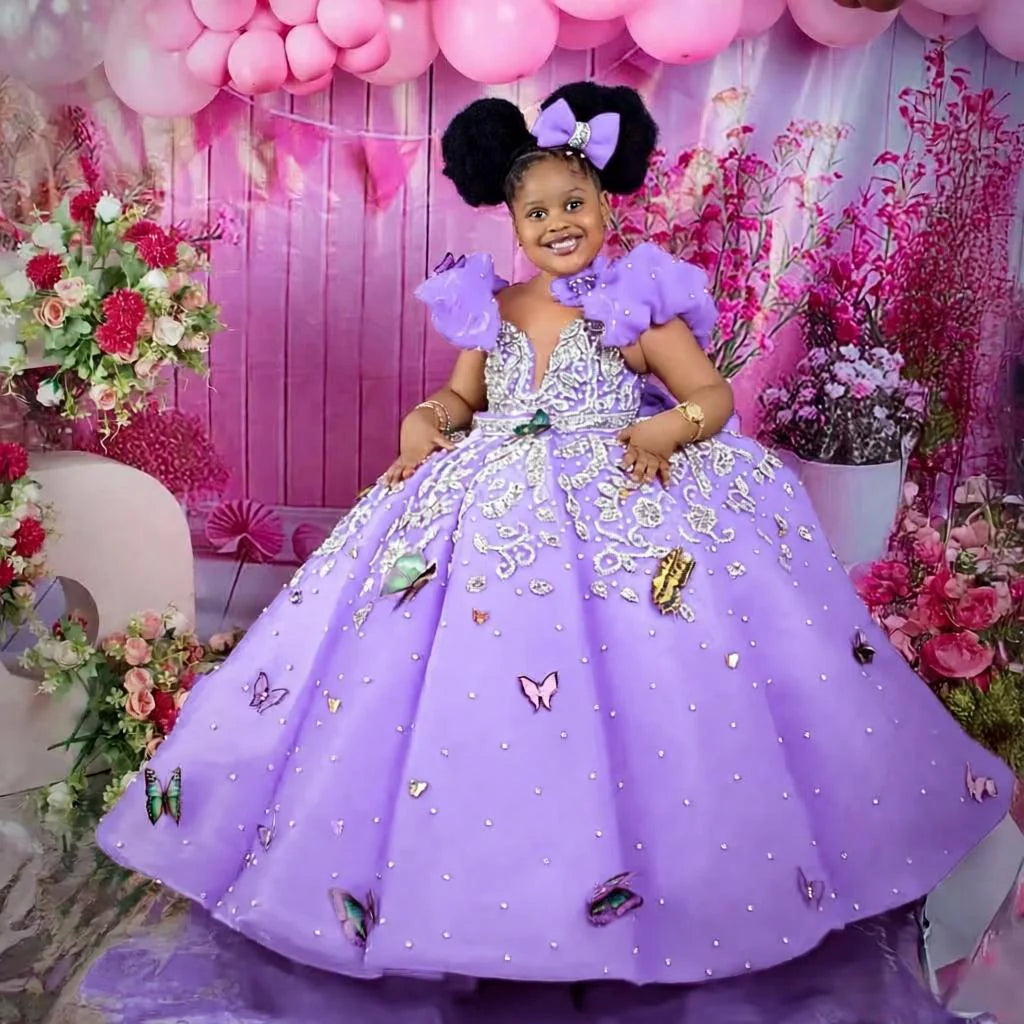Luxury Beading Flower Girl Dresses Princess Hot Pink Customized Ball Gown Baby Girls First Birthday Party Pageant Dress