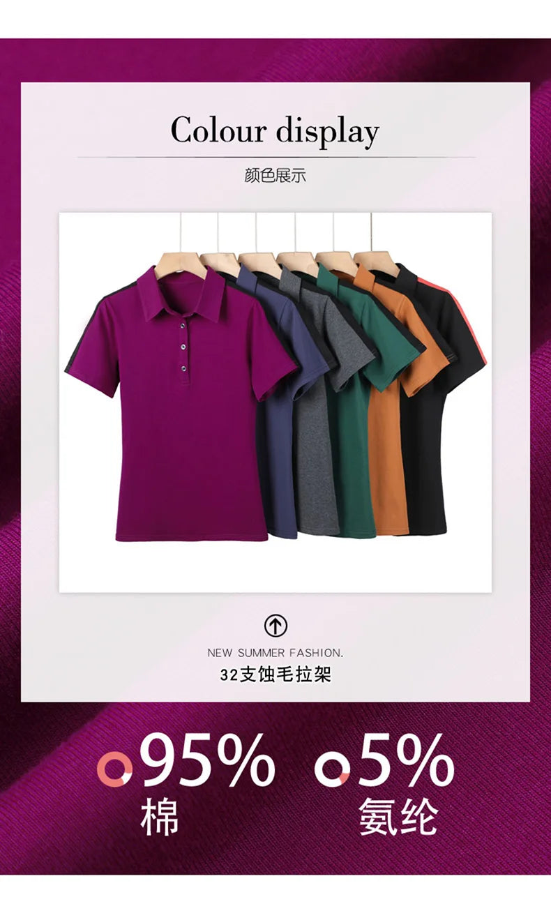 New Women Polo Shirt Summer Fashion Patchwork Button Turn-down Collar Short Sleeve Slim T-shirt Casual Basic Cotton Tees Tops