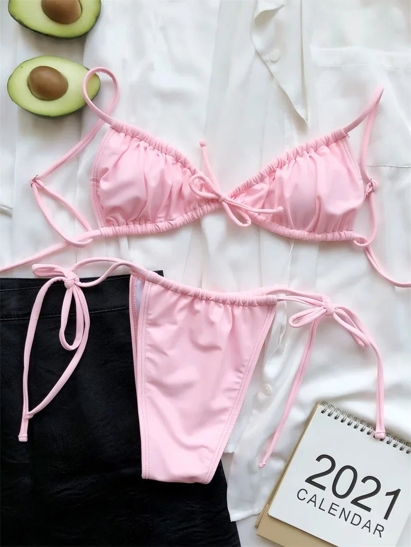 Sexy Wrinkled Micro Mini Thong Bikini Female Swimsuit Women Swimwear Two-pieces Bikini set Bather Bathing Suit Swim Beach Wear