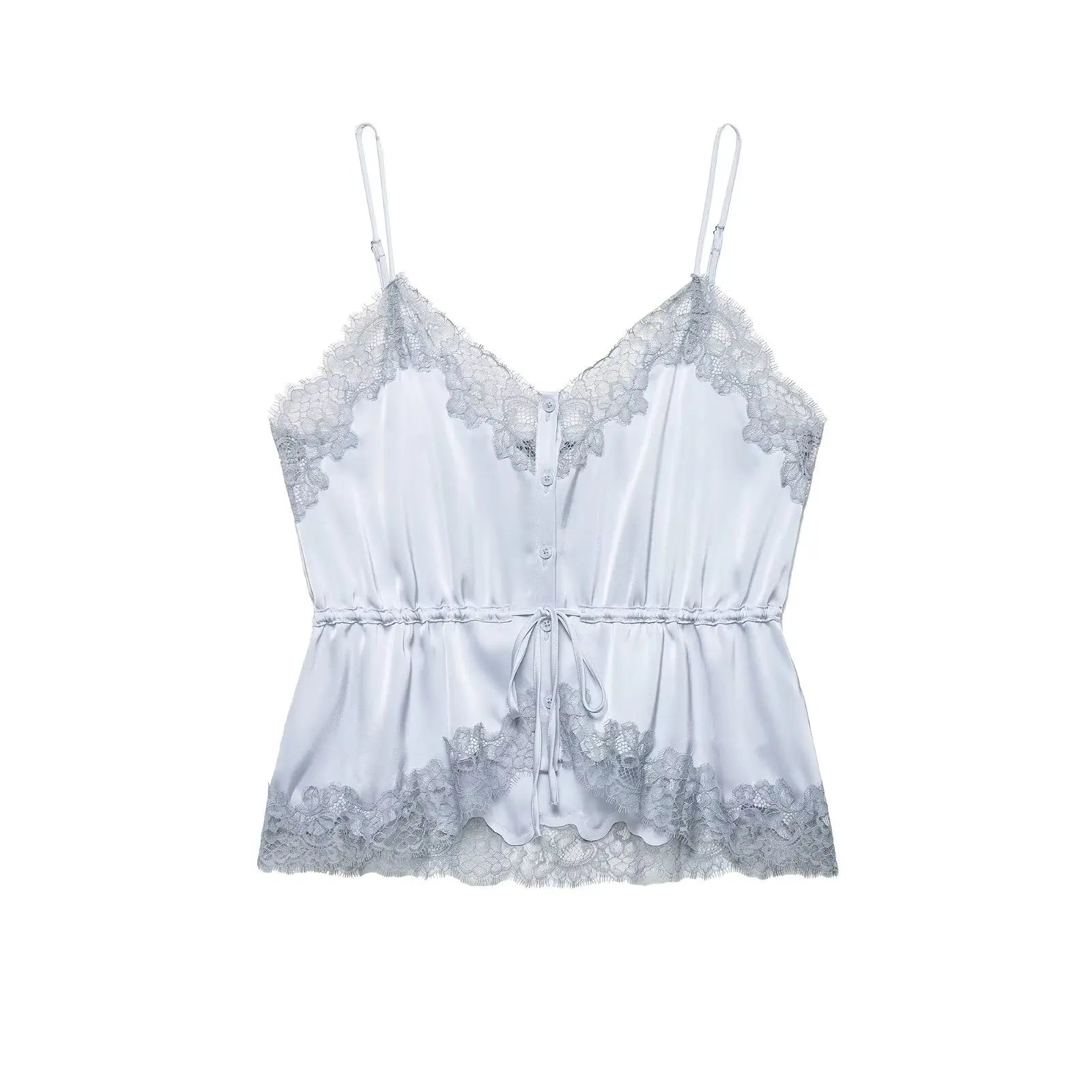 KONDALA Lady Chic Satin Strappy Top 2026 Spring Summer Romantic Holidays Lace Suspender Top Women High Street Trendy Cute Tops