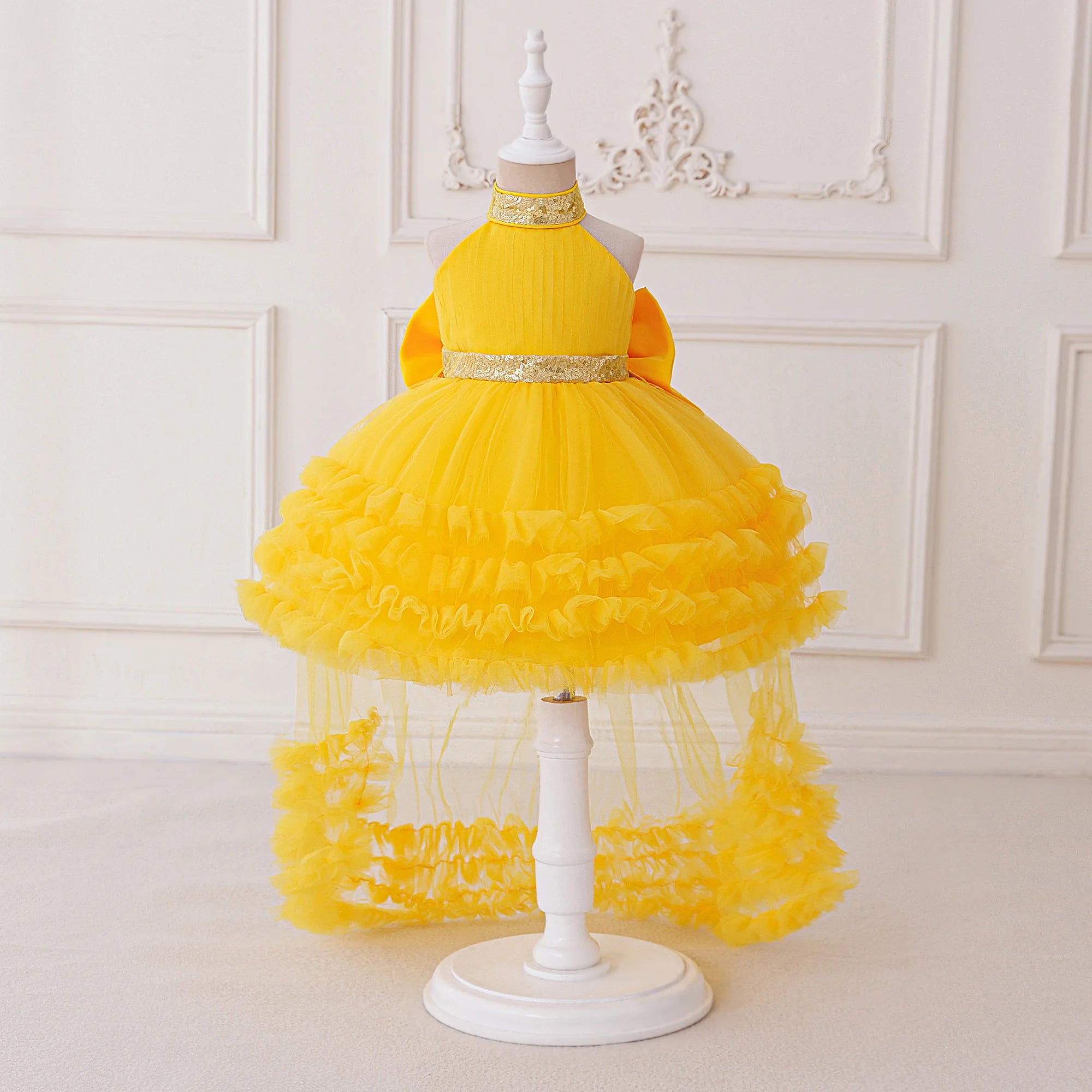 Trailing Big Bow Party Baby Girls Dresses Sequin Baptism Bridesmaid Costume Toddler Birthday Princess Dress Wedding Evening Gown