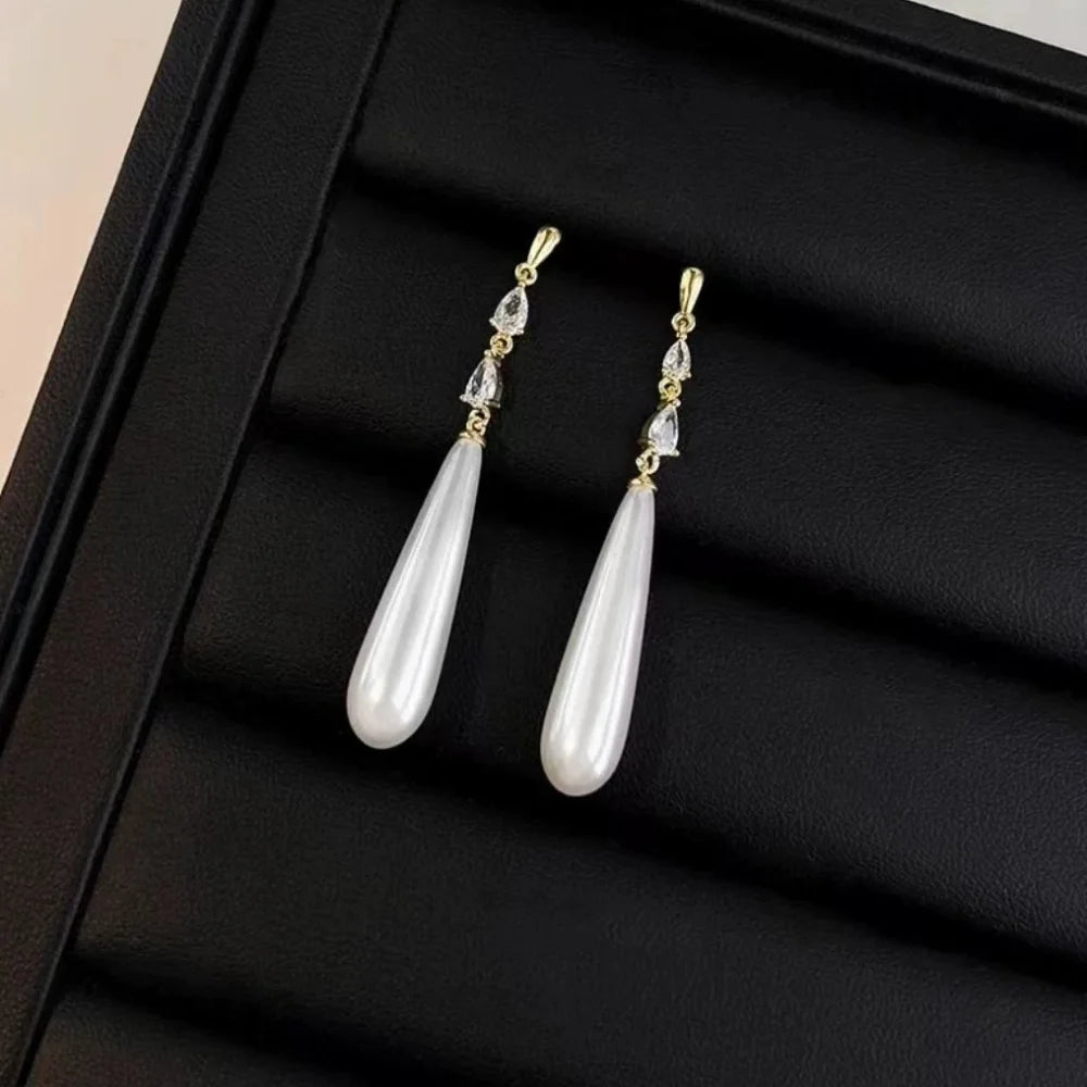 Geometric Zircon Simulated-pearl Water Drop Pendant Women's Earrings Classic Trendy Style Versatile Chinese Style Jewelry Gift