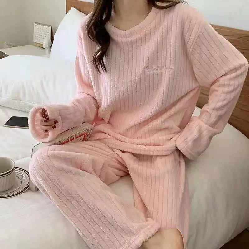 Autumn/Winter New Arrivals: Women's Warm Set Coral Fleece Pyjamas Thickened Thermal Striped Loungewear Set for Young Women