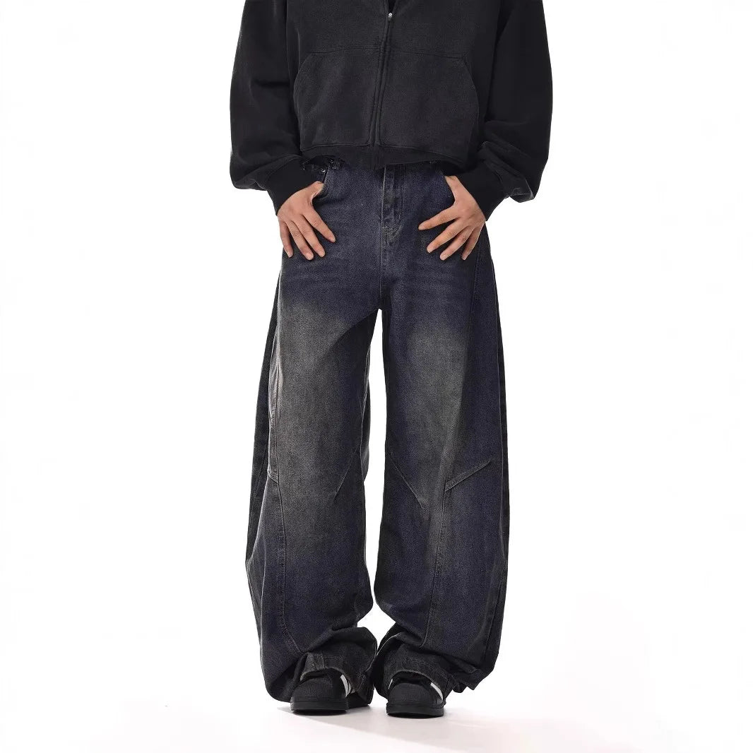 Four Season Fashion 2025 Men's Vintage Casual Trendy Washed Wide Leg Straight Solid Color Jean Trousers Male Denim Pants Clothes