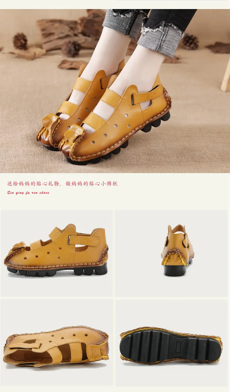 Summer Fashion Sandals 2024 New Leather Women's Shoes Soft Bottom Flat Personality Casual Women's Sandals Retro Handmade Sandals