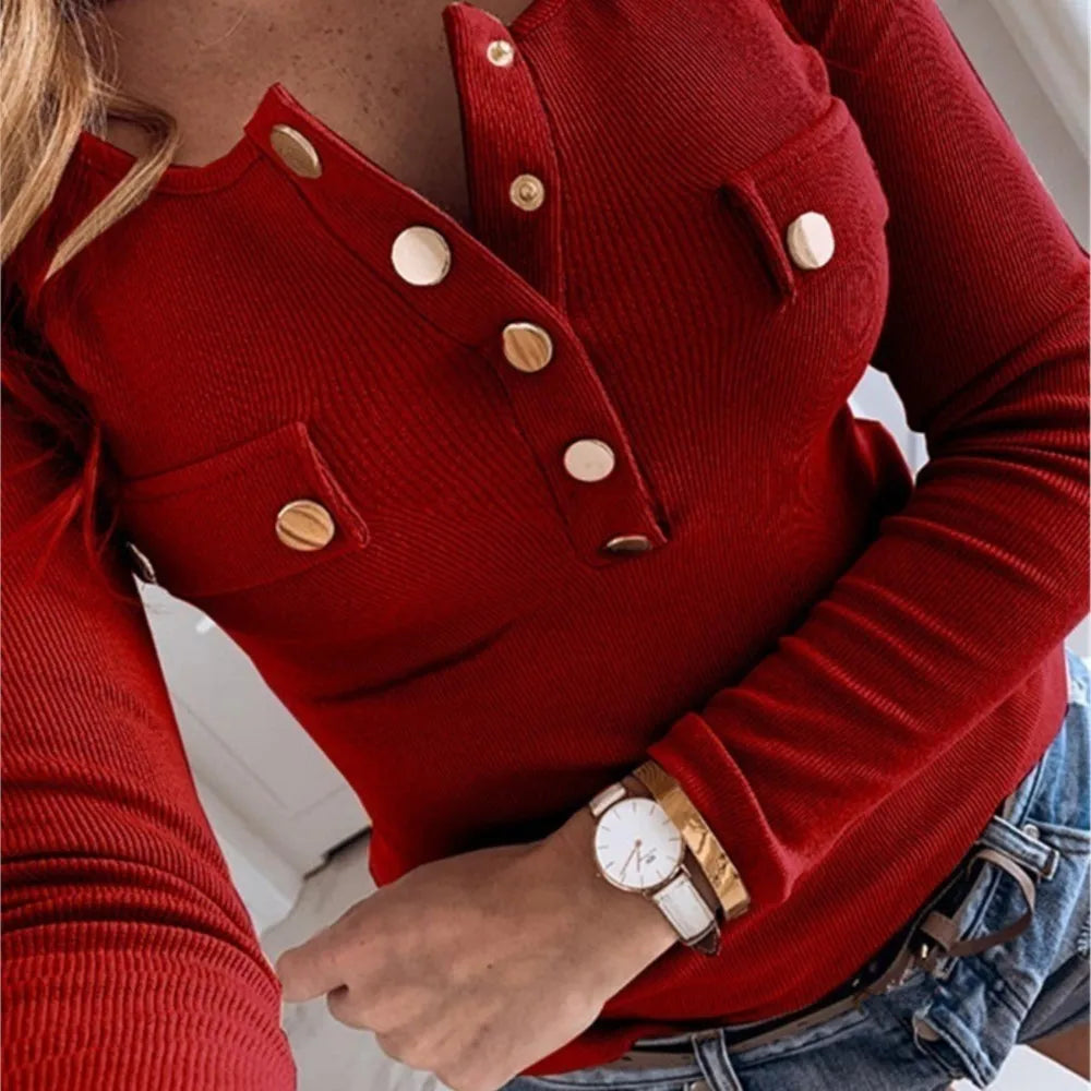 Autumn Women's Knitted Long-sleeved T Shirt Tops Fashion Semi O Neck Button Solid Color Female Casual Versatile Bottoming Tops
