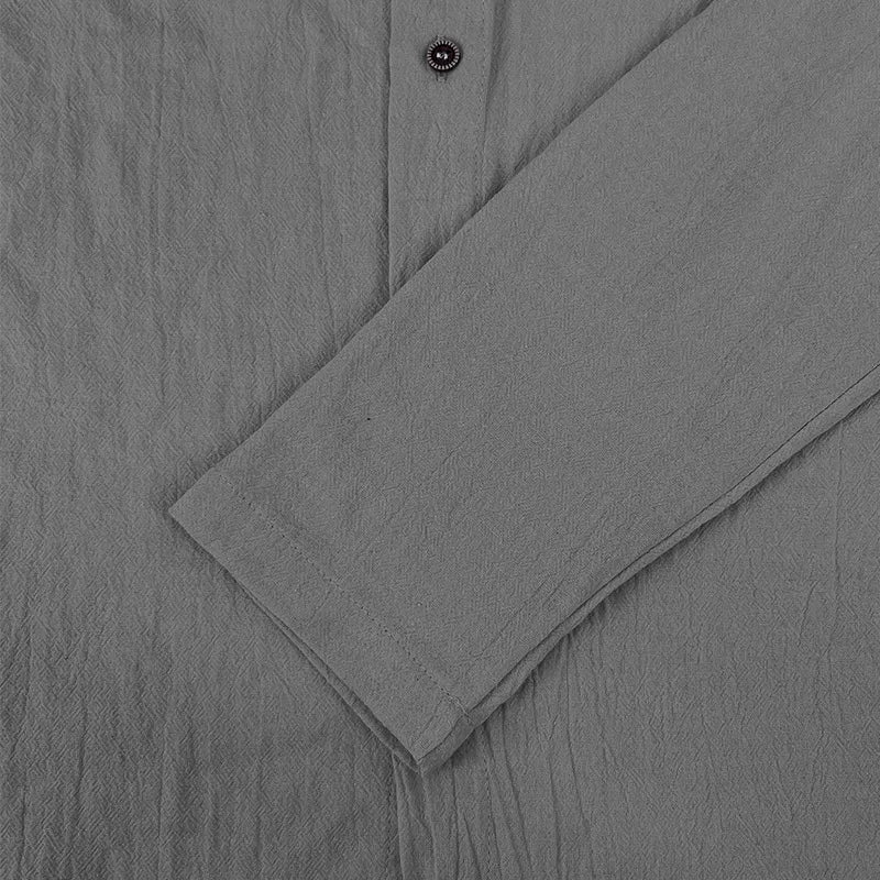 Men's solid color casual shirt, hooded drawstring cotton and linen cardigan, trendy and versatile loose beach T-shirt