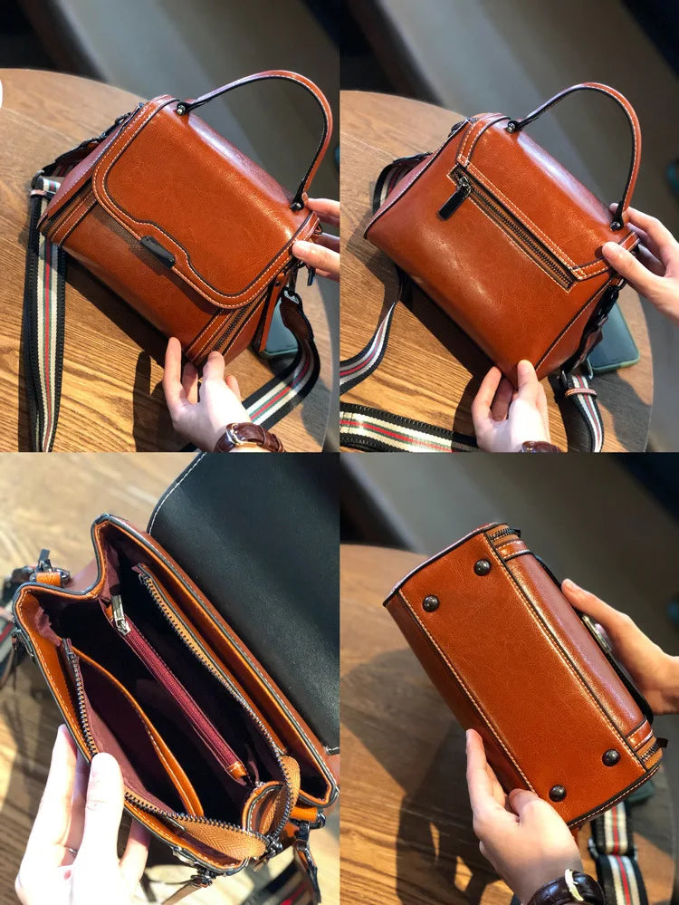 Oil Wax Cowhide Leather Women's Handbag 2024 New Crossbody Bag Lady Commuter Summer Bag Handbill Shoulder Messenger Bags