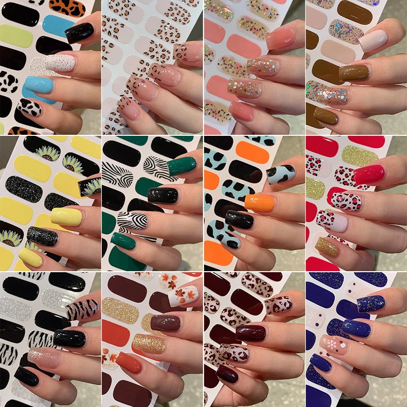 1pc DIY Baking-free Nail Stickers Long-Lasting Solid Color Fresh Flowers Christmas Autumn Nail Strips Patch Full Cover Decal